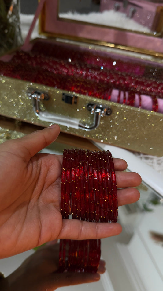 Red Glass Bangles Set of 12 with Gold Glitter Accents