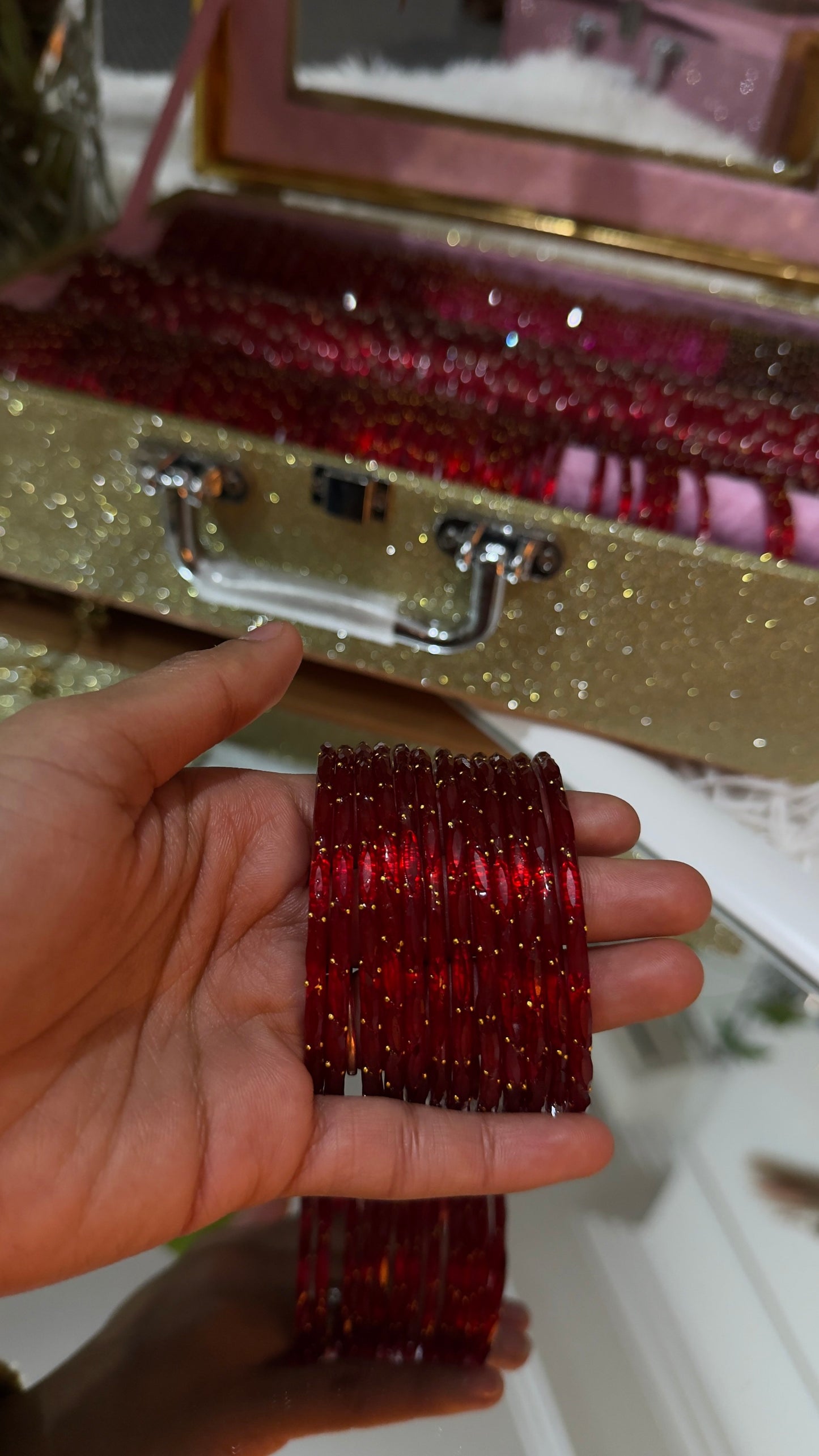 Red Glass Bangles Set of 12 with Gold Glitter Accents