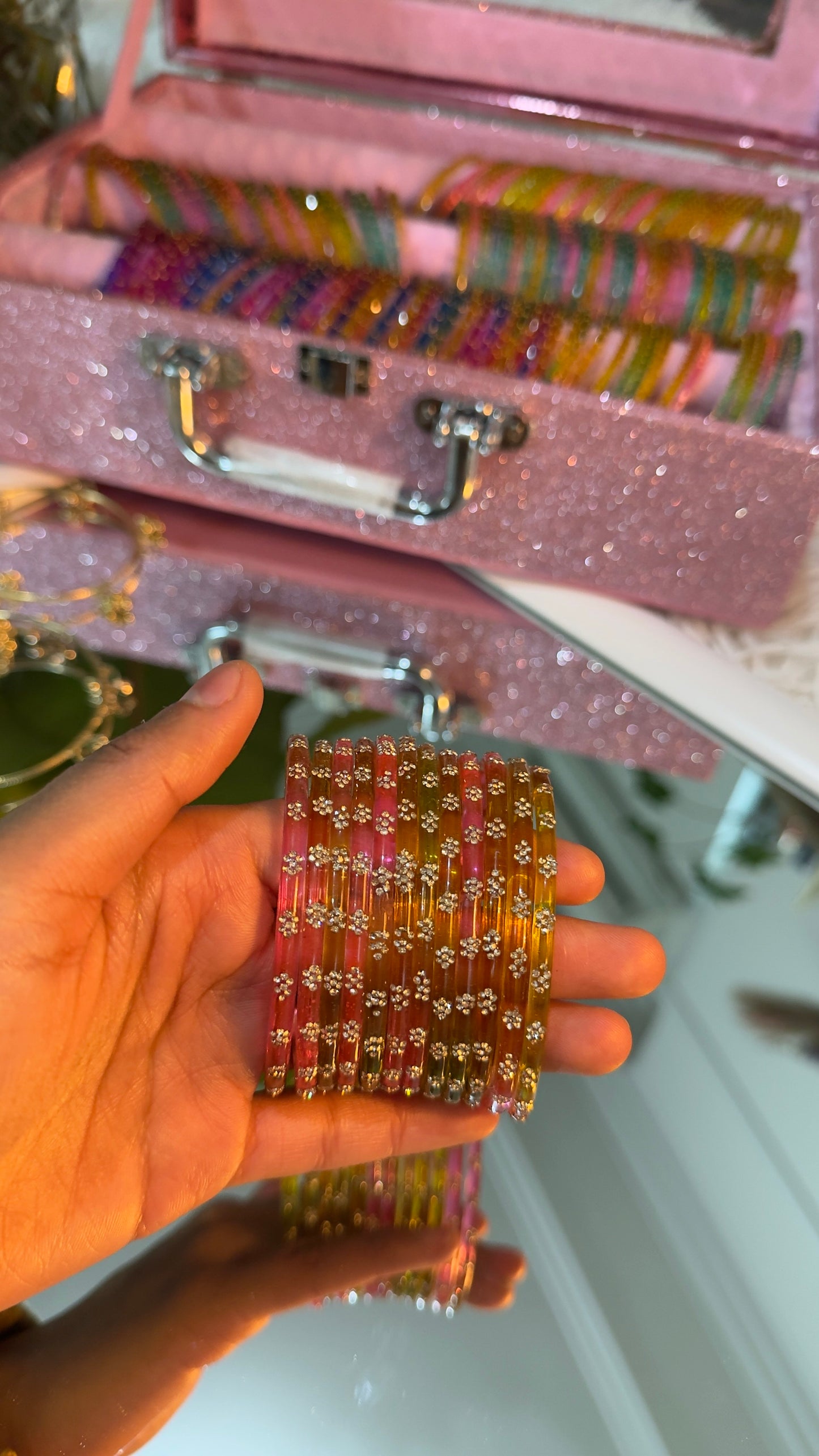 Multicolour Glass Bangles Set of 12 with Floral Rhinestone Detail