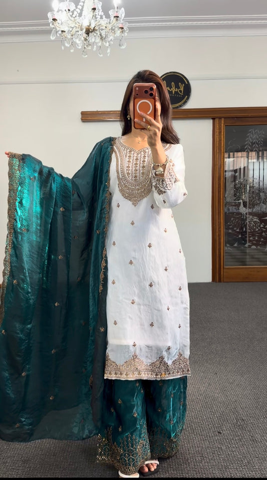 Ivory raw silk palazzo suit set with teal organza dupatta and gold zari sequin embroidery — Behuli Australia
