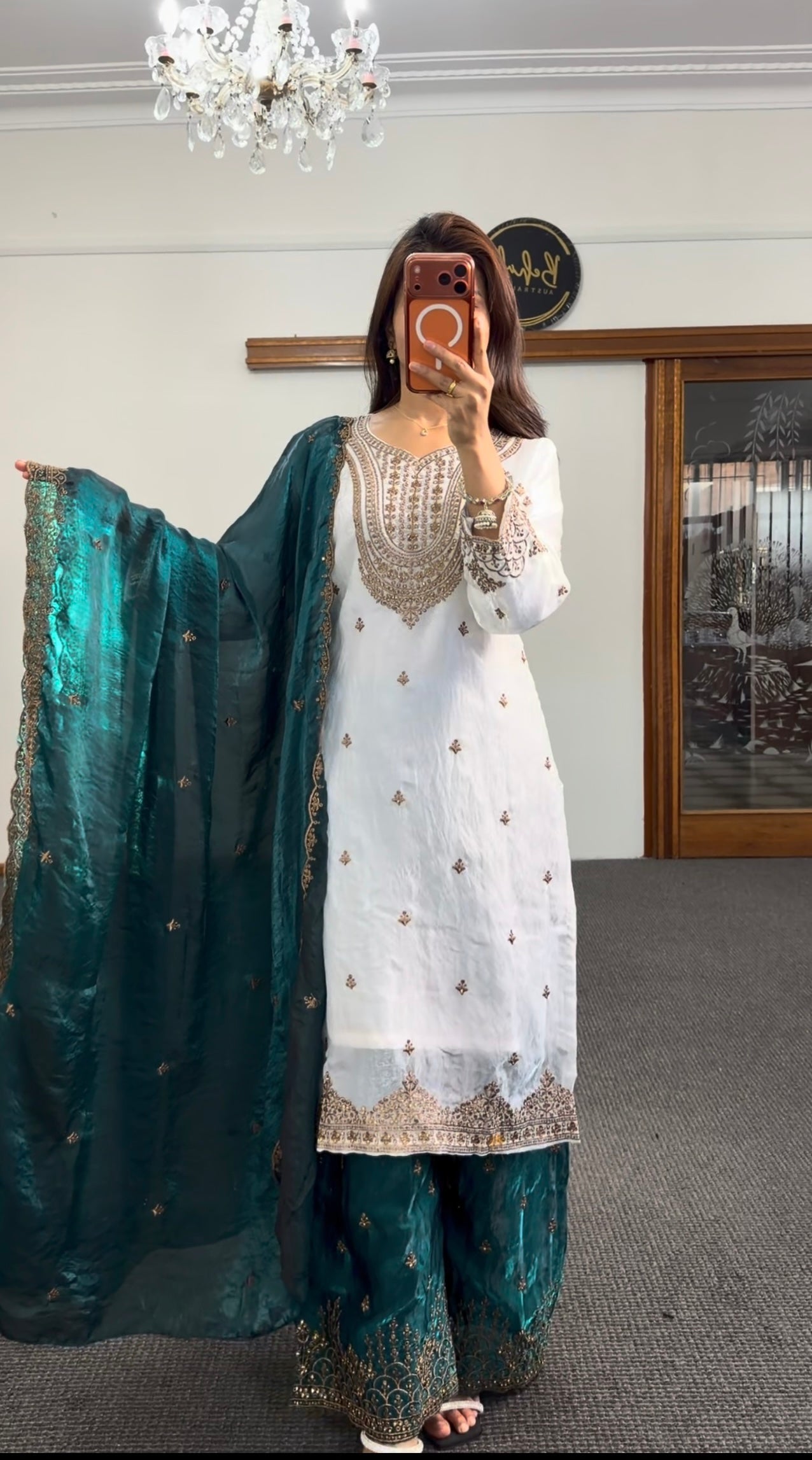 Ivory raw silk palazzo suit set with teal organza dupatta and gold zari sequin embroidery — Behuli Australia