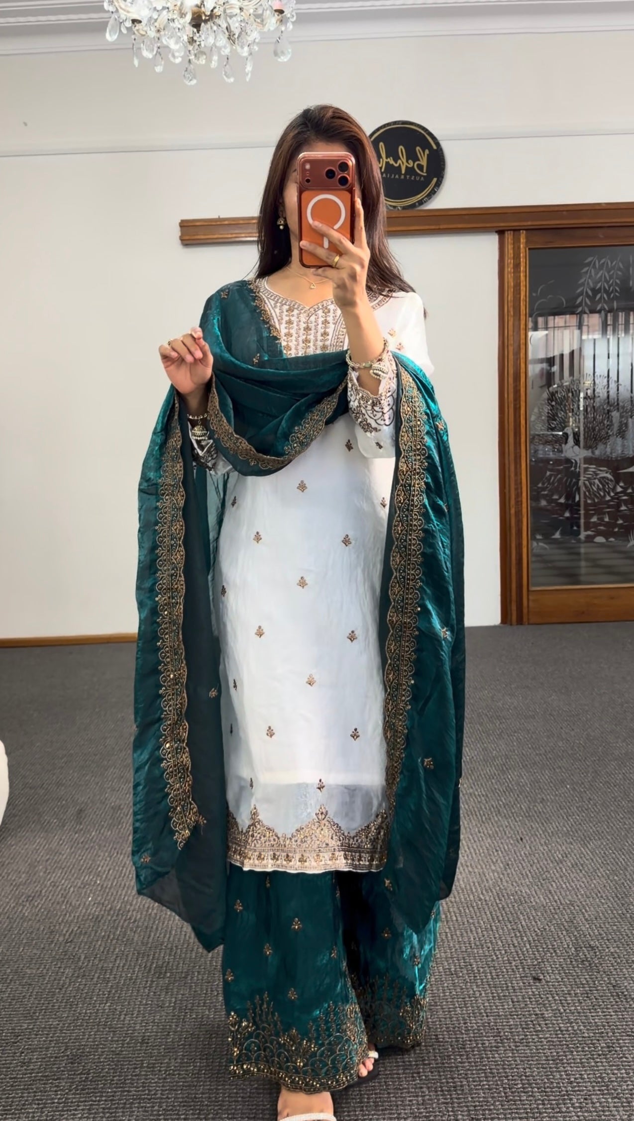 Ivory raw silk palazzo suit set with teal organza dupatta and gold zari sequin embroidery — Behuli Australia — view 2