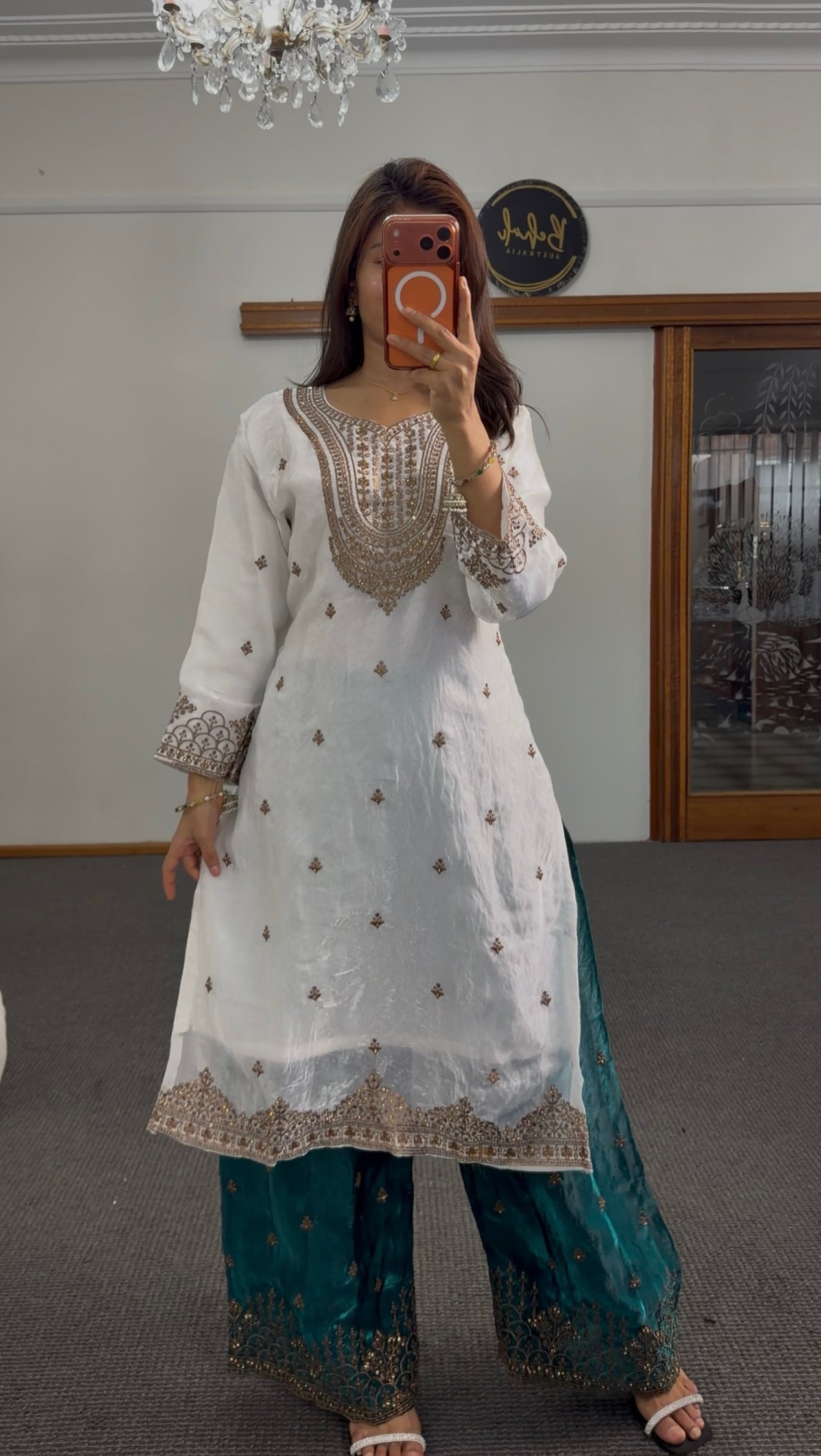 Ivory raw silk palazzo suit set with teal organza dupatta and gold zari sequin embroidery — Behuli Australia — view 3