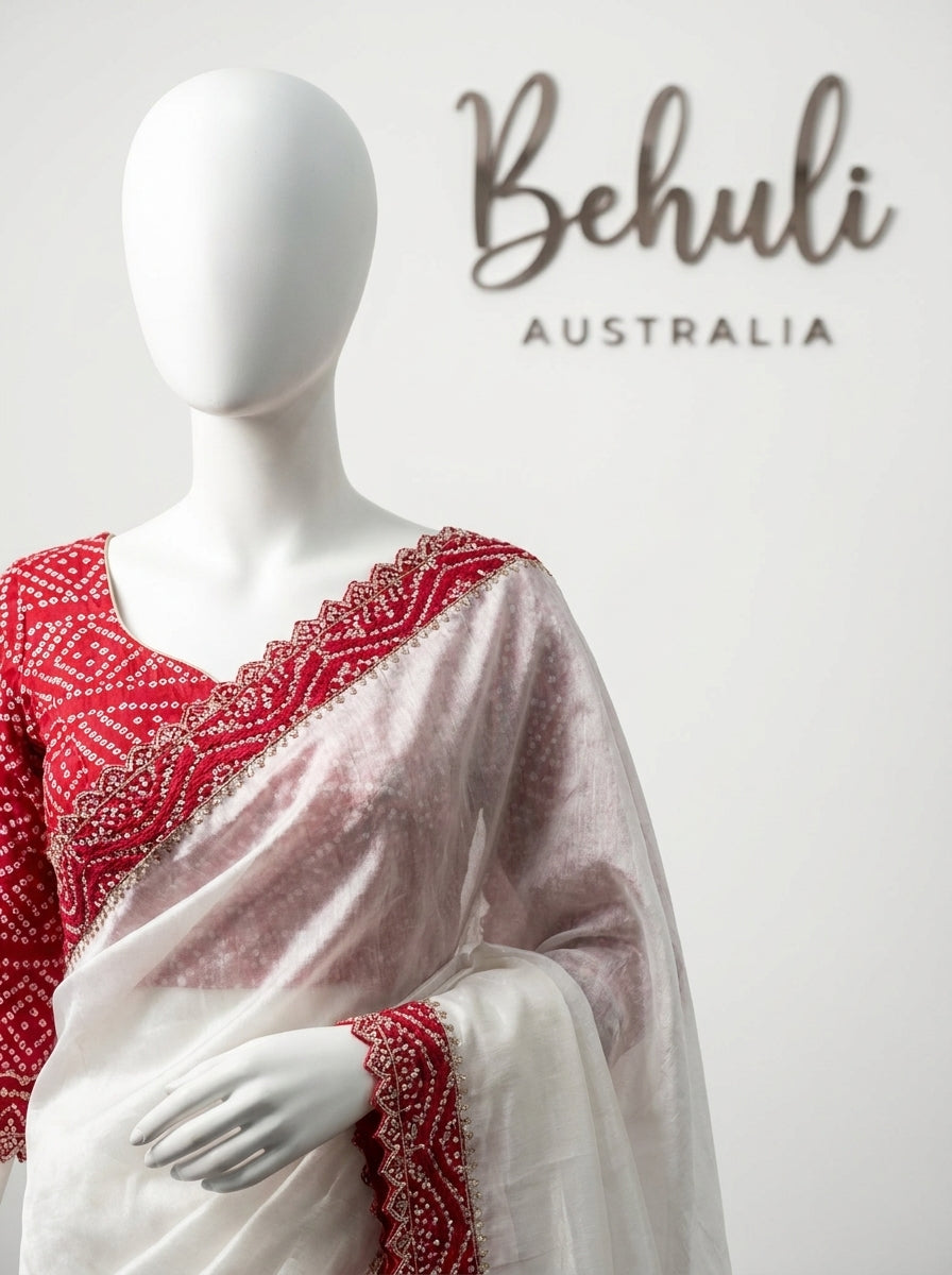 Ivory organza tissue saree with crimson bandhani blouse and silver zari scalloped border embroidery — Behuli Australia