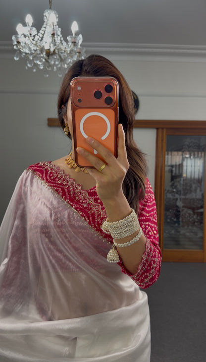 Ivory organza tissue saree with crimson bandhani blouse and silver zari scalloped border embroidery — Behuli Australia — view 4