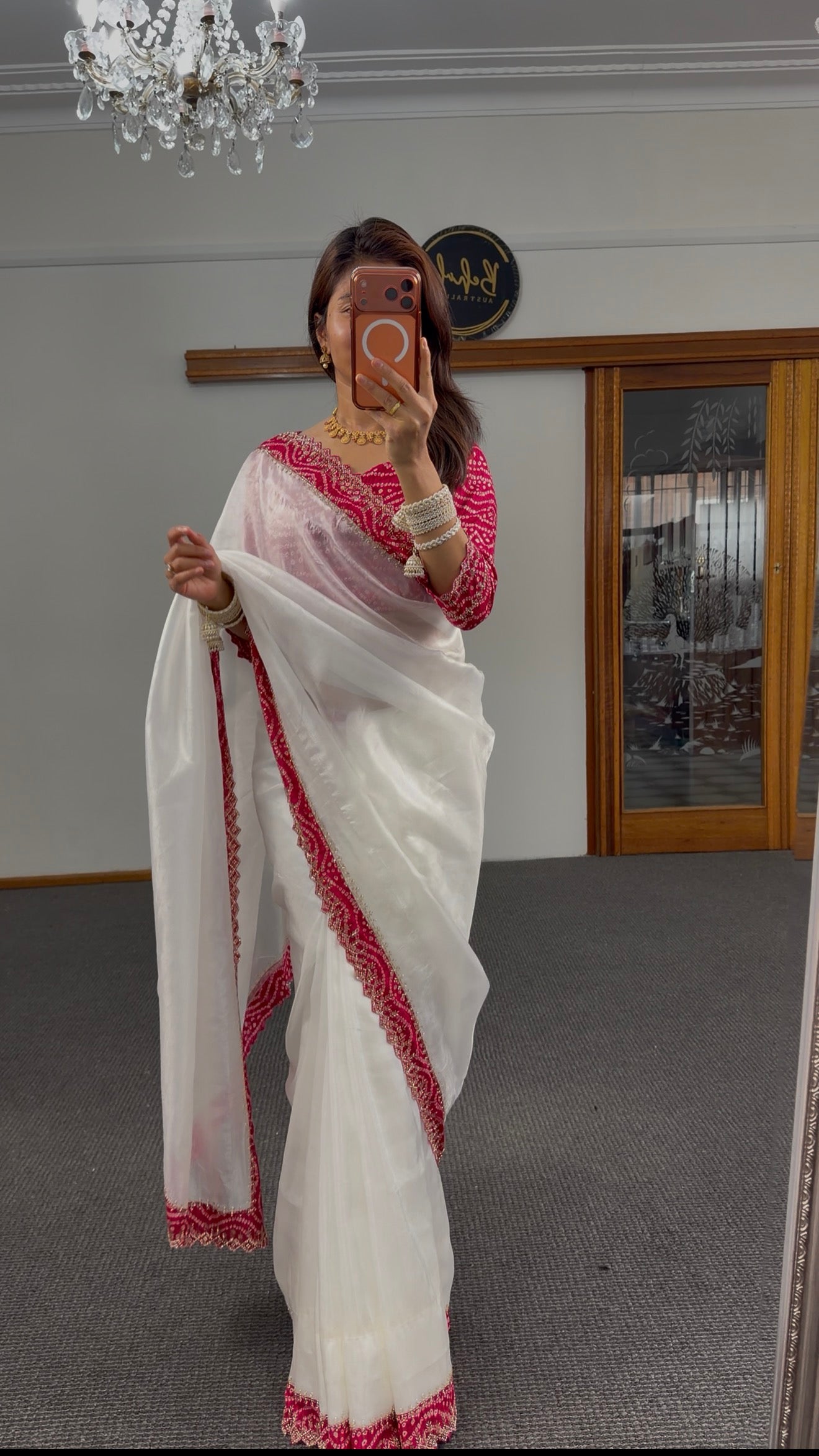 Ivory organza tissue saree with crimson bandhani blouse and silver zari scalloped border embroidery — Behuli Australia — view 5