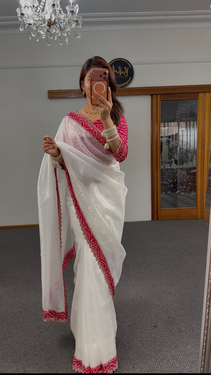 Ivory organza tissue saree with crimson bandhani blouse and silver zari scalloped border embroidery — Behuli Australia — view 5