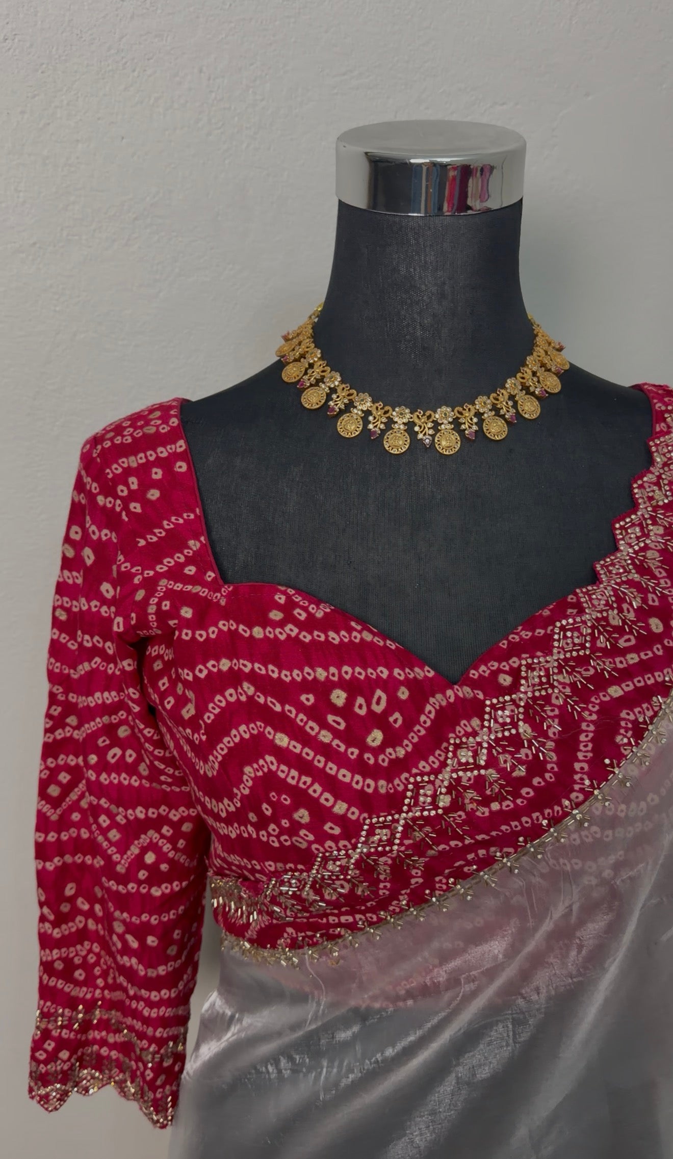 Ivory organza tissue saree with crimson bandhani blouse and silver zari scalloped border embroidery — Behuli Australia — view 6