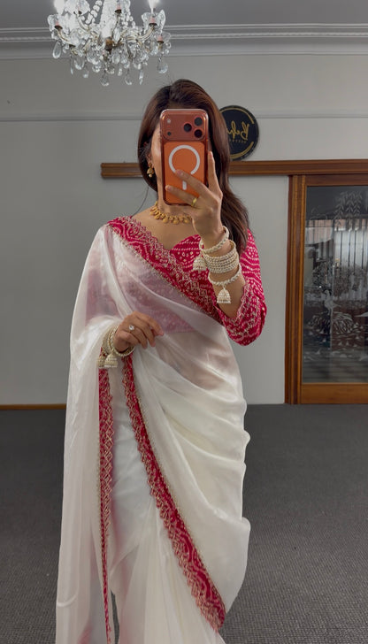 Ivory organza tissue saree with crimson bandhani blouse and silver zari scalloped border embroidery — Behuli Australia — view 3