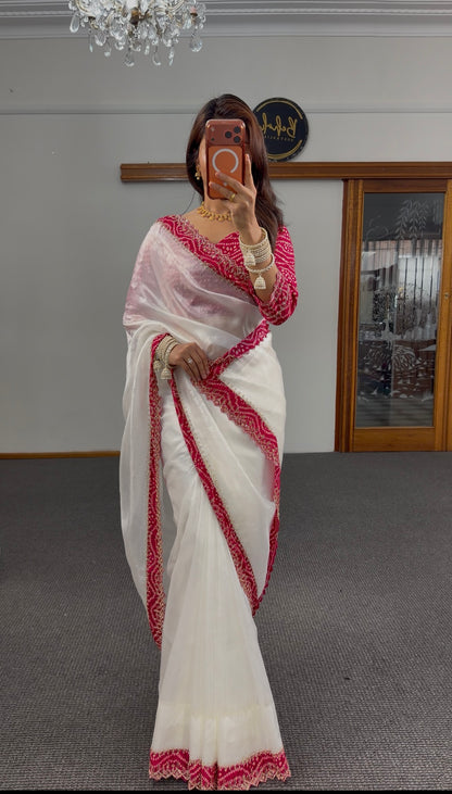 Ivory organza tissue saree with crimson bandhani blouse and silver zari scalloped border embroidery — Behuli Australia — view 2