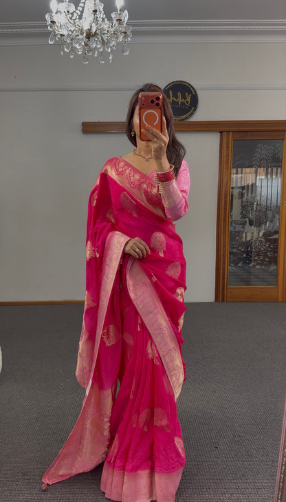 Fuchsia Banarasi silk saree with gold zari booti motifs and ornate zari border — Behuli Australia