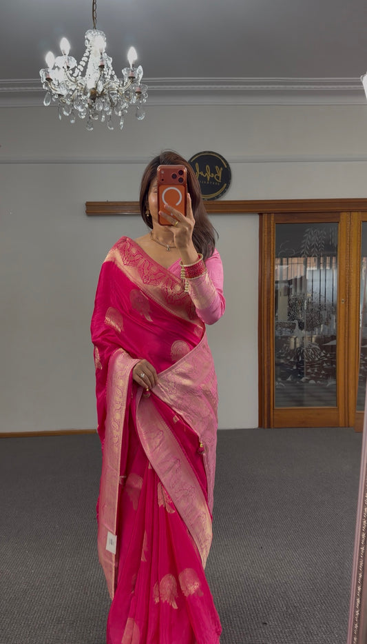 Fuchsia Banarasi silk saree with gold zari booti motifs and ornate zari border — Behuli Australia — view 2