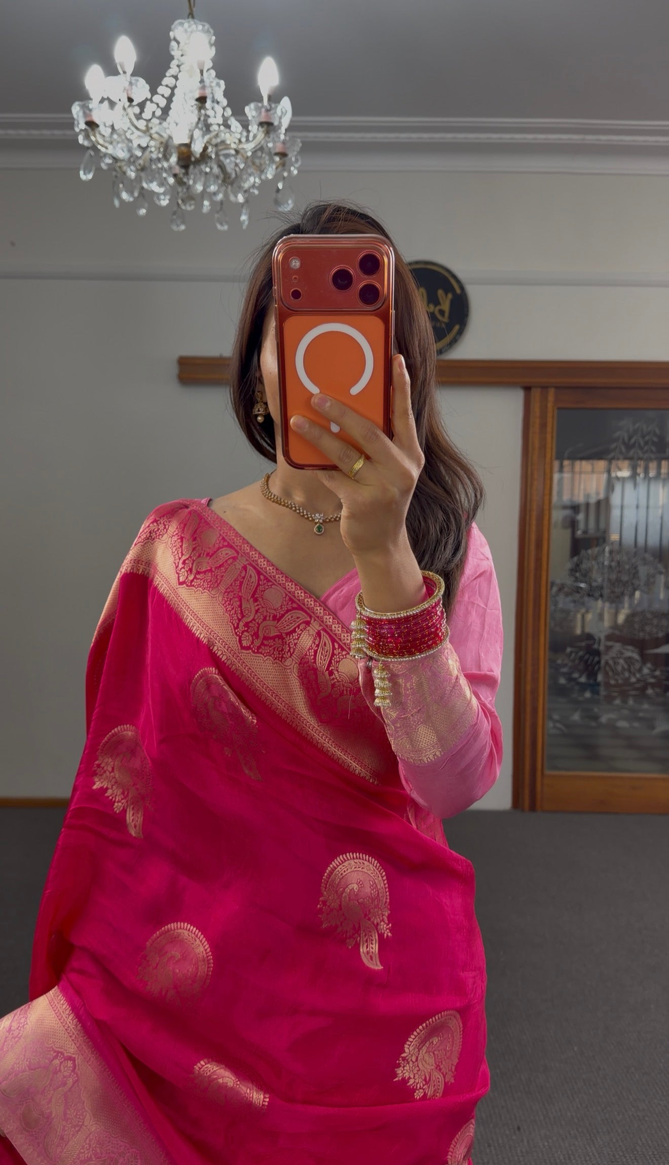 Fuchsia Banarasi silk saree with gold zari booti motifs and ornate zari border — Behuli Australia — view 3