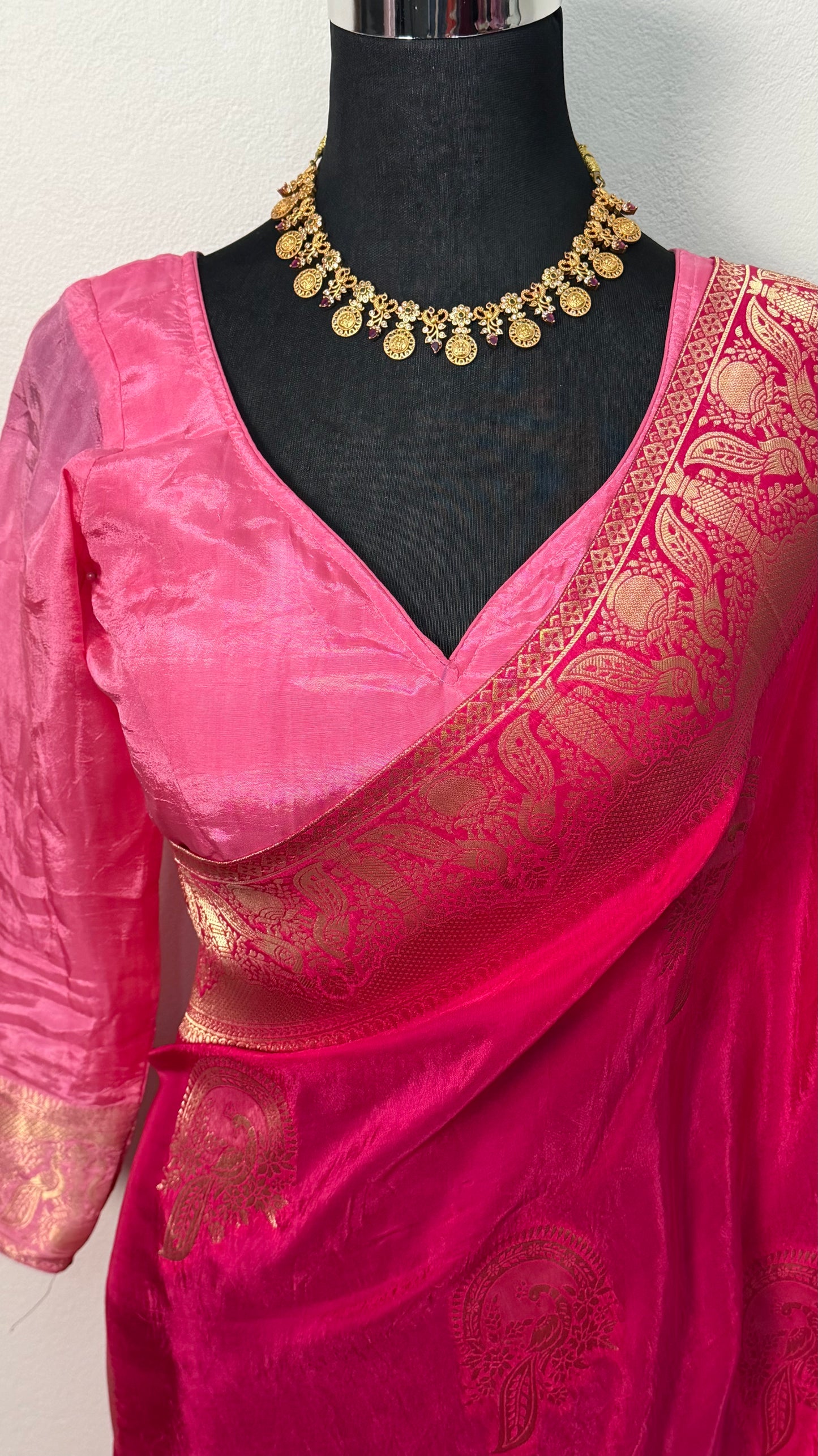 Fuchsia Banarasi silk saree with gold zari booti motifs and ornate zari border — Behuli Australia — view 4