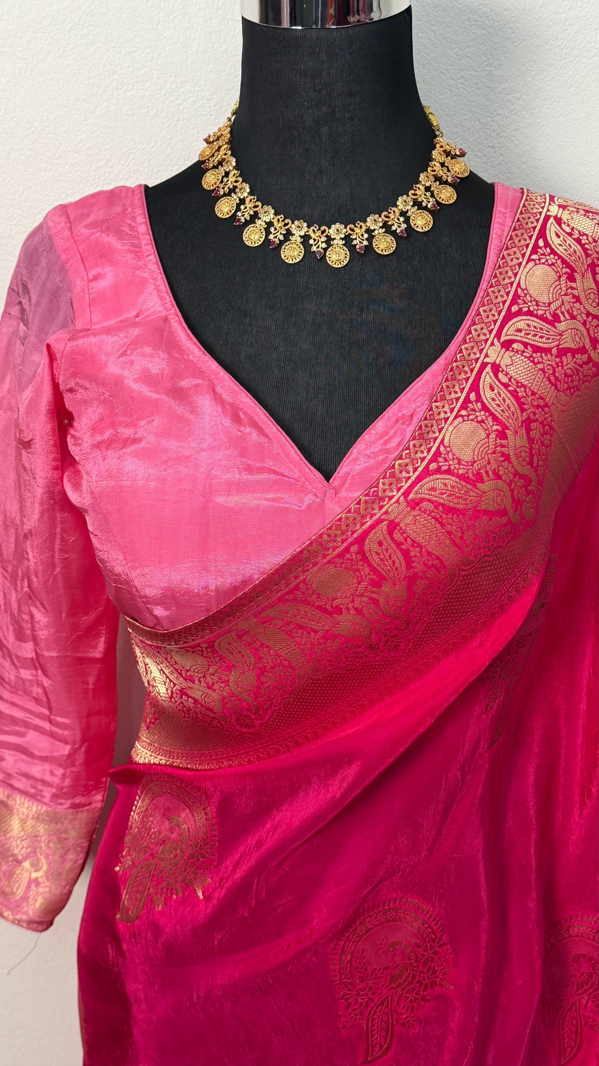 Fuchsia Banarasi silk saree with gold zari booti motifs and ornate zari border — Behuli Australia — view 4