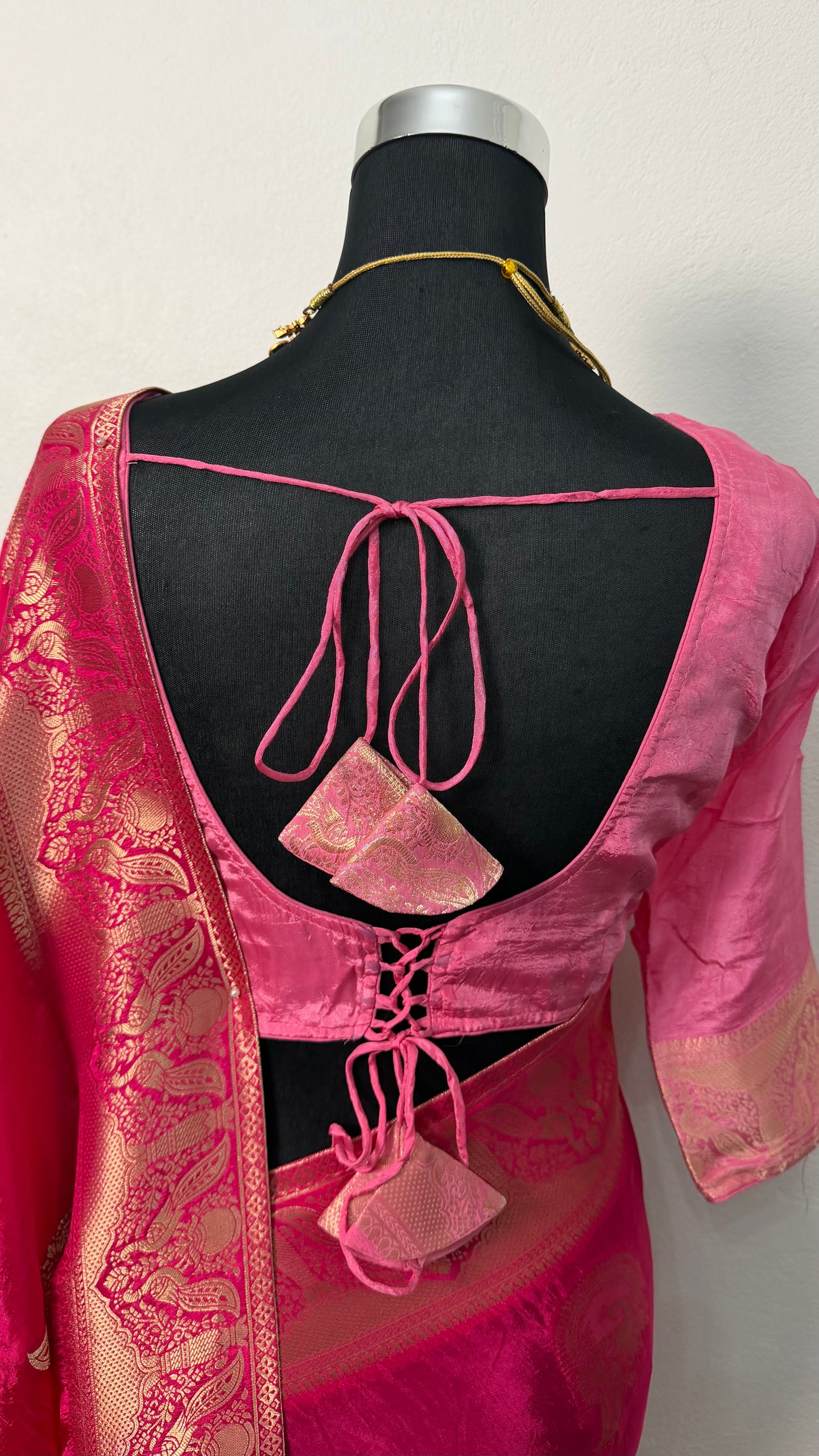 Fuchsia Banarasi silk saree with gold zari booti motifs and ornate zari border — Behuli Australia — view 5