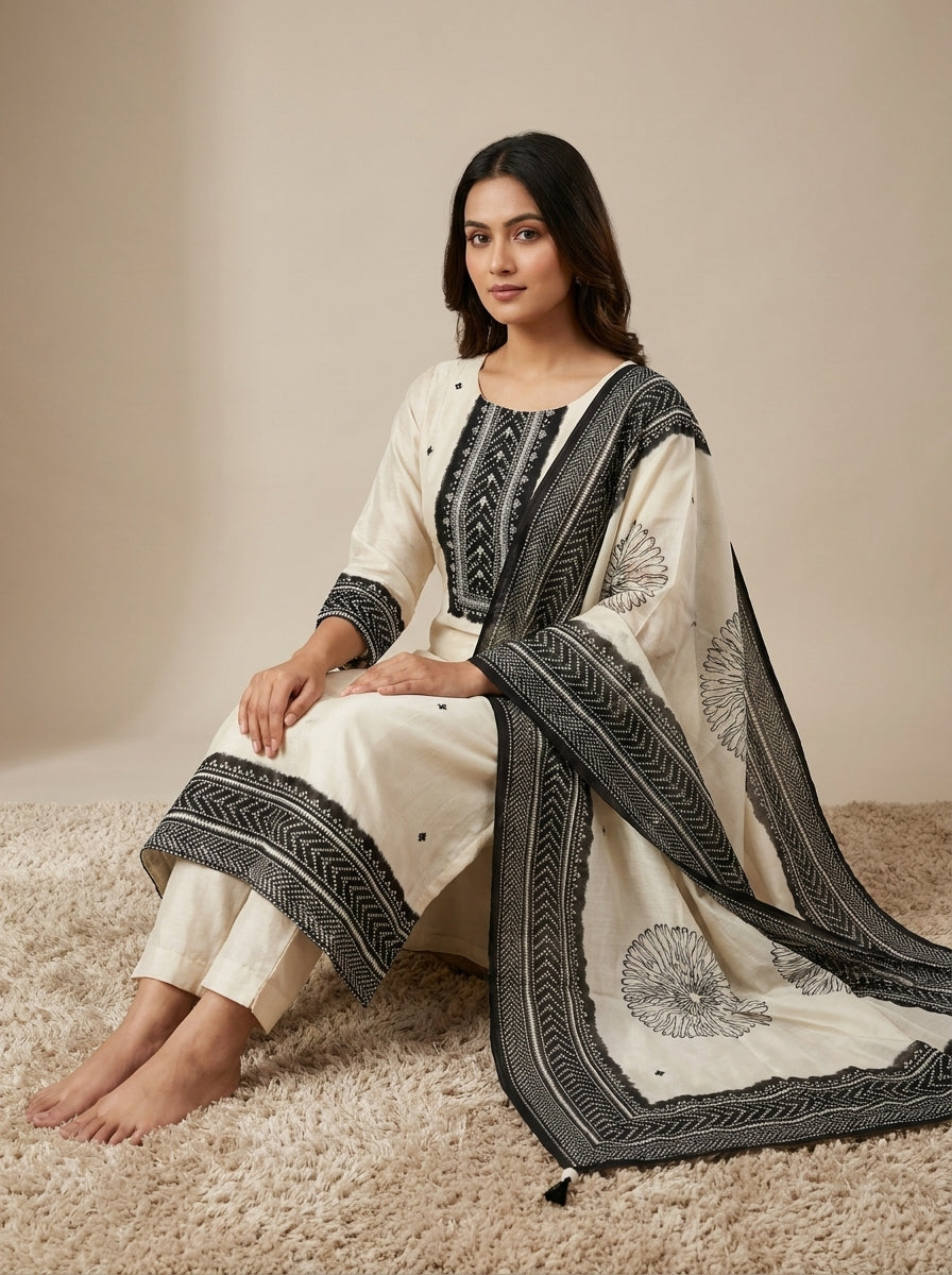 Ivory cotton kurti set with black thread embroidery and block print chevron dupatta with tassels — Behuli Australia — view 4
