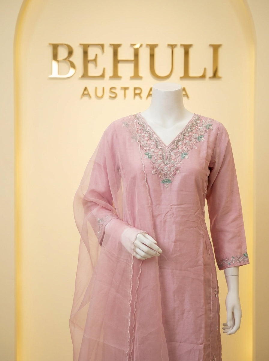 Blush pink organza kurti set with floral sequin resham embroidery at neckline and cuffs with matching dupatta — Behuli — view 4
