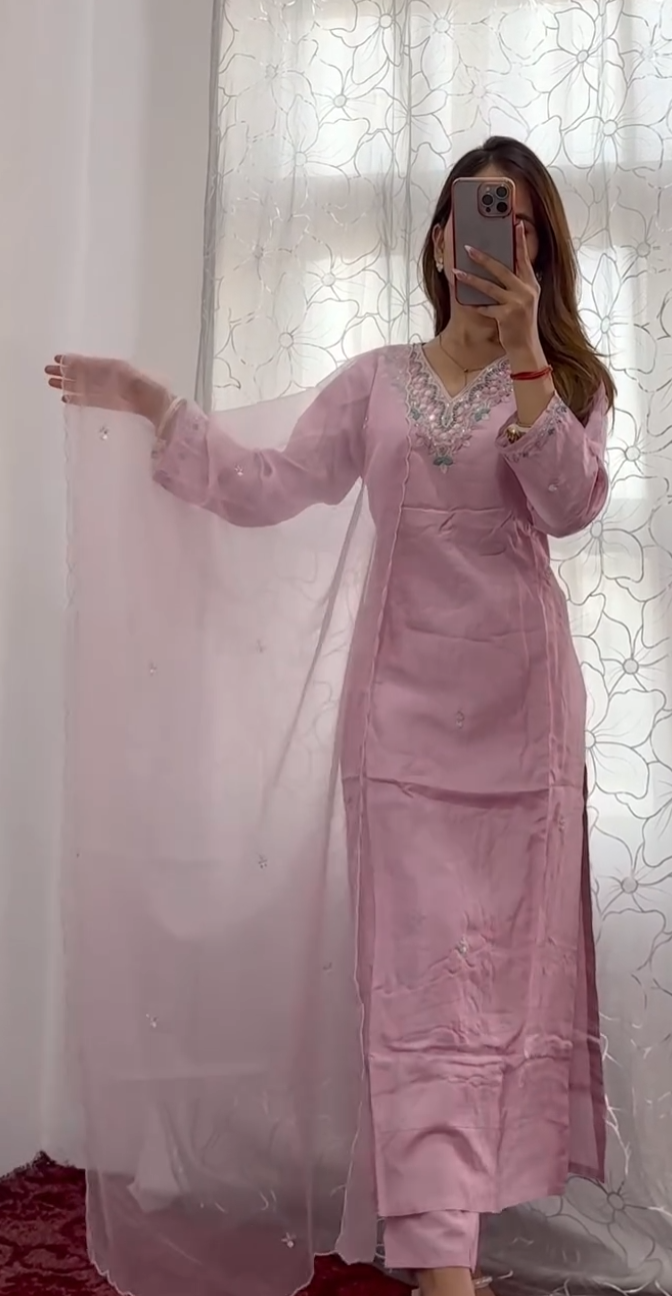 Blush pink organza kurti set with floral sequin resham embroidery at neckline and cuffs with matching dupatta — Behuli — view 3