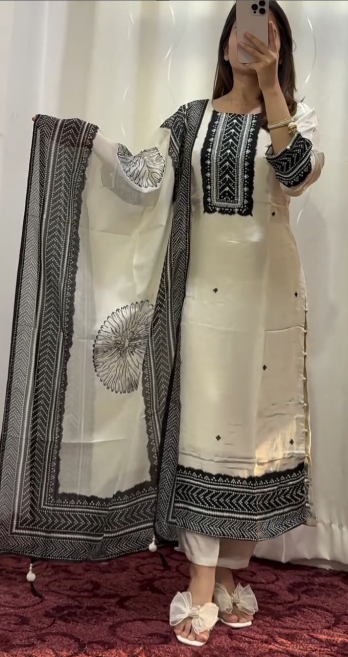 Ivory cotton kurti set with black thread embroidery and block print chevron dupatta with tassels — Behuli Australia — view 2