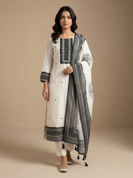 Ivory cotton kurti set with black thread embroidery and block print chevron dupatta with tassels — Behuli Australia