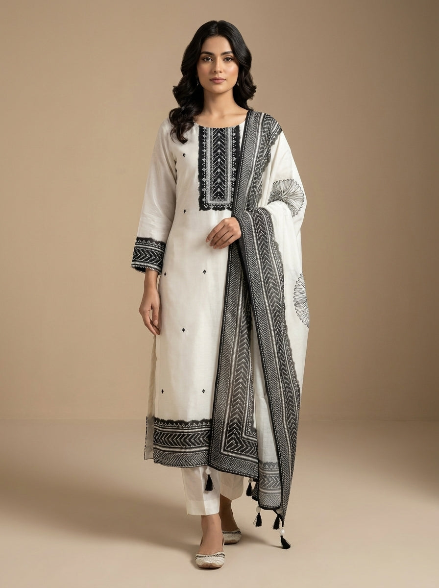 Ivory cotton kurti set with black thread embroidery and block print chevron dupatta with tassels — Behuli Australia