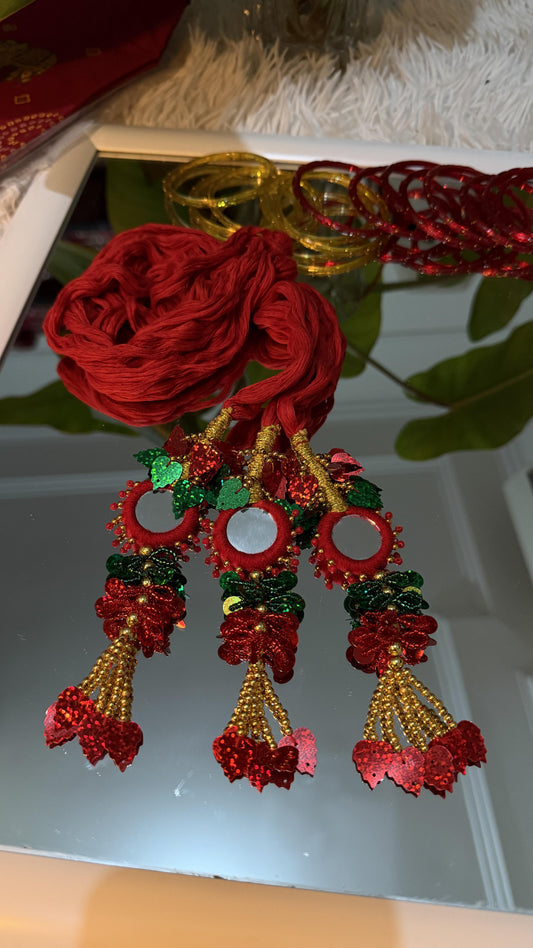 Crimson and gold handcrafted Lachha Dori with sequin mirror work, foil leaf accents and gold bead tassels — Behuli Australia