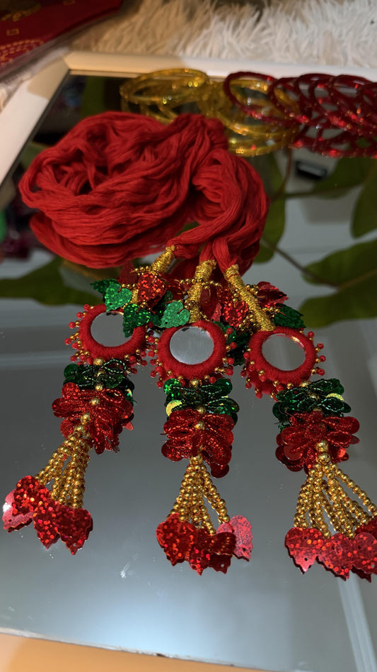 Crimson and gold handcrafted Lachha Dori with sequin mirror work, foil leaf accents and gold bead tassels — Behuli Australia — view 2
