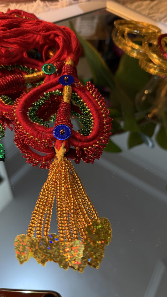 Handcrafted crimson red and emerald green beaded Lachha Dori with gold zari wrapping and sequin tassels — Behuli Australia — view 2