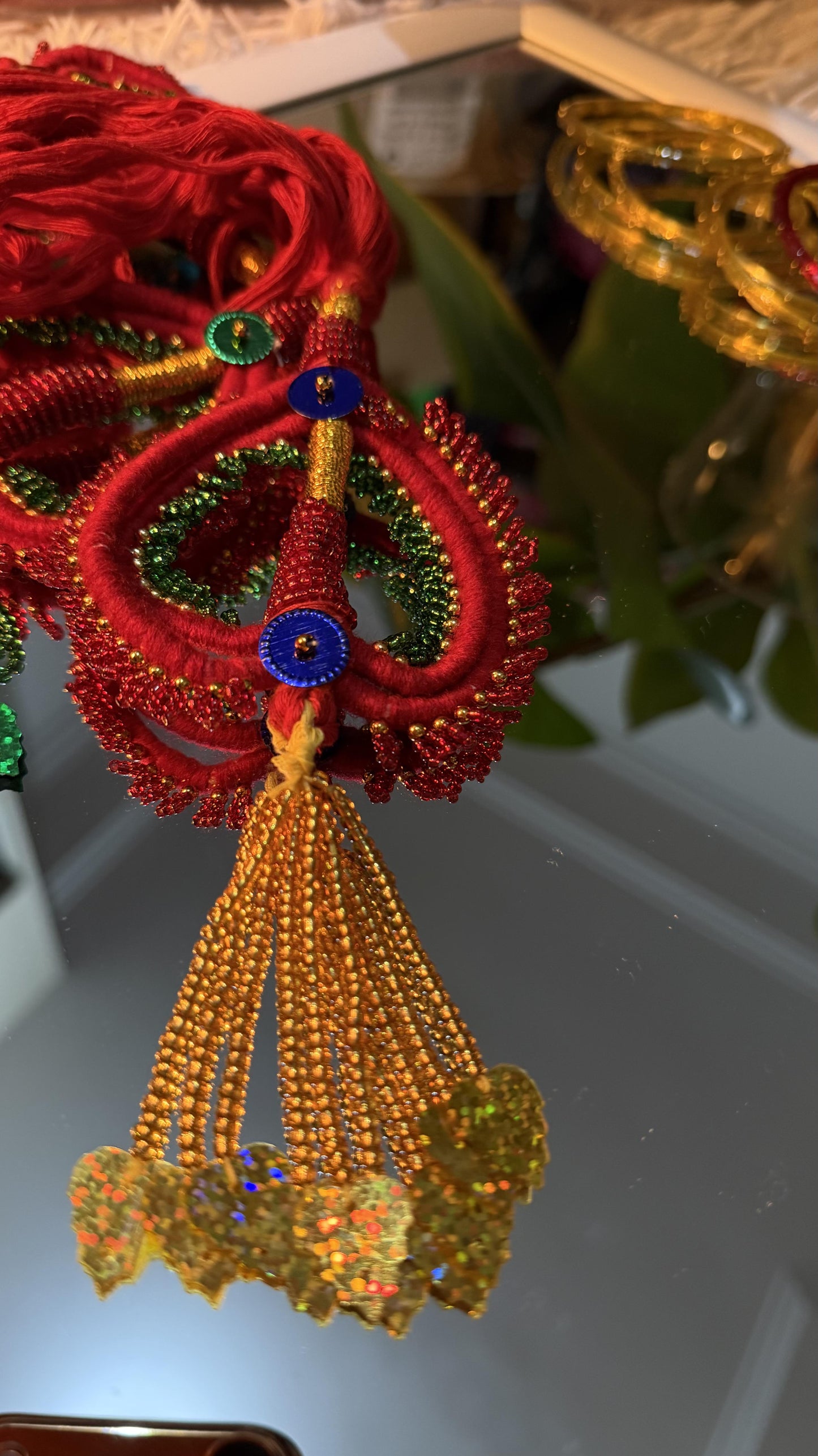 Handcrafted crimson red and emerald green beaded Lachha Dori with gold zari wrapping and sequin tassels — Behuli Australia — view 2