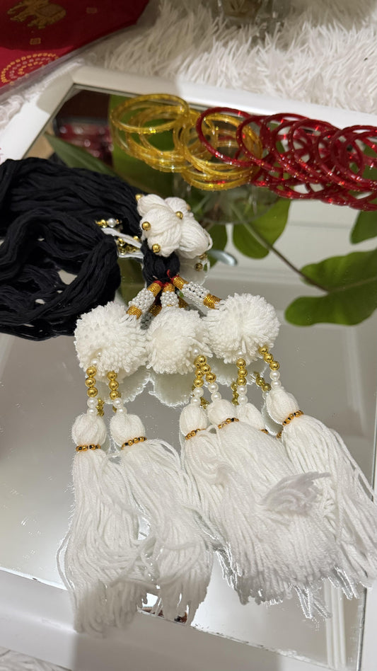 White handcrafted Lachha Dori with gold bead accents, pearl strands and fluffy pompom tassels — Behuli Australia bridal hair