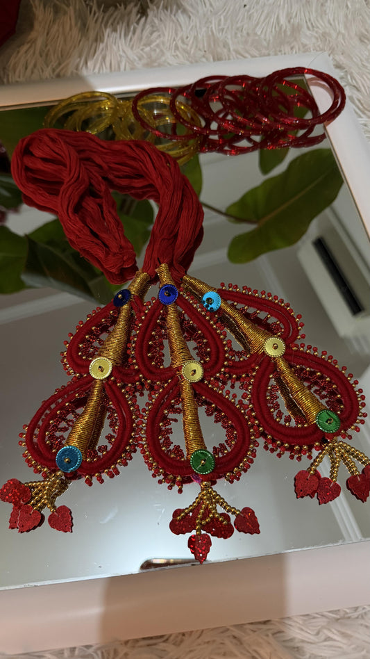 Crimson red handcrafted Lachha Dori with gold zari coiling, multicolour sequins and beaded tassels — Behuli Australia