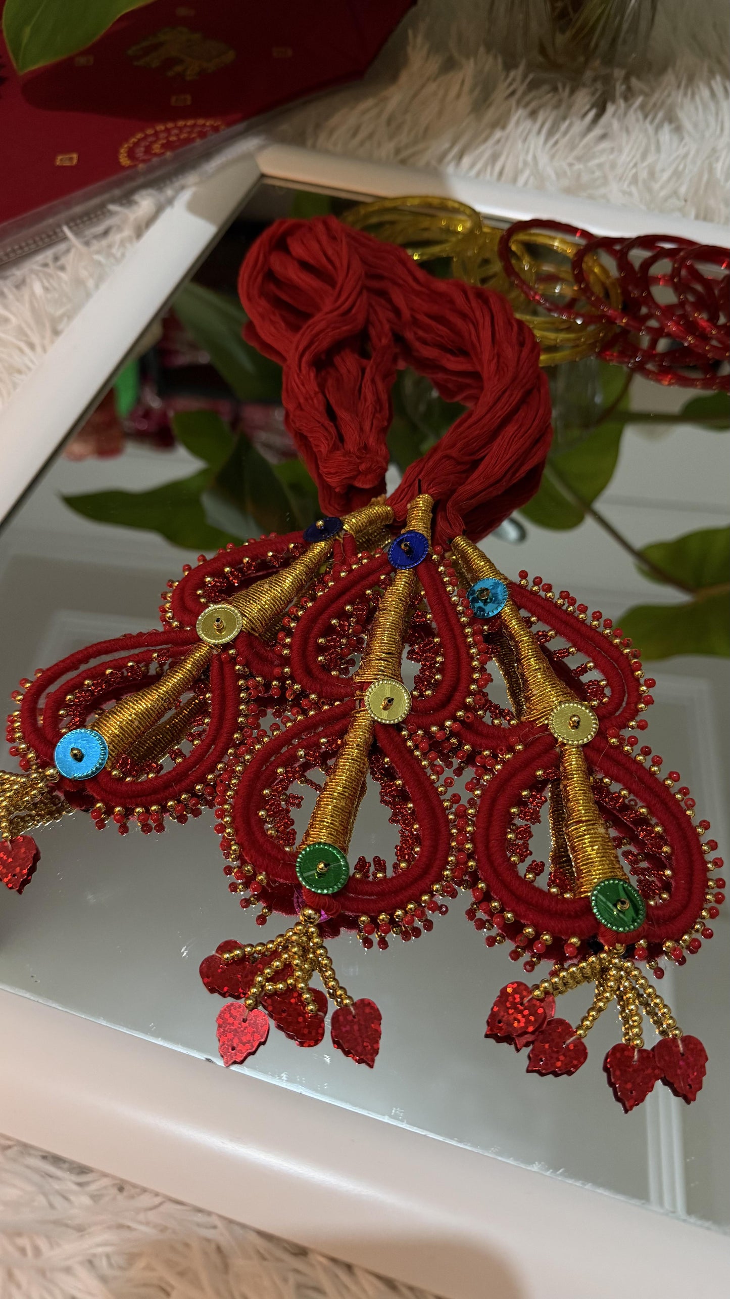 Crimson red handcrafted Lachha Dori with gold zari coiling, multicolour sequins and beaded tassels — Behuli Australia — view 3