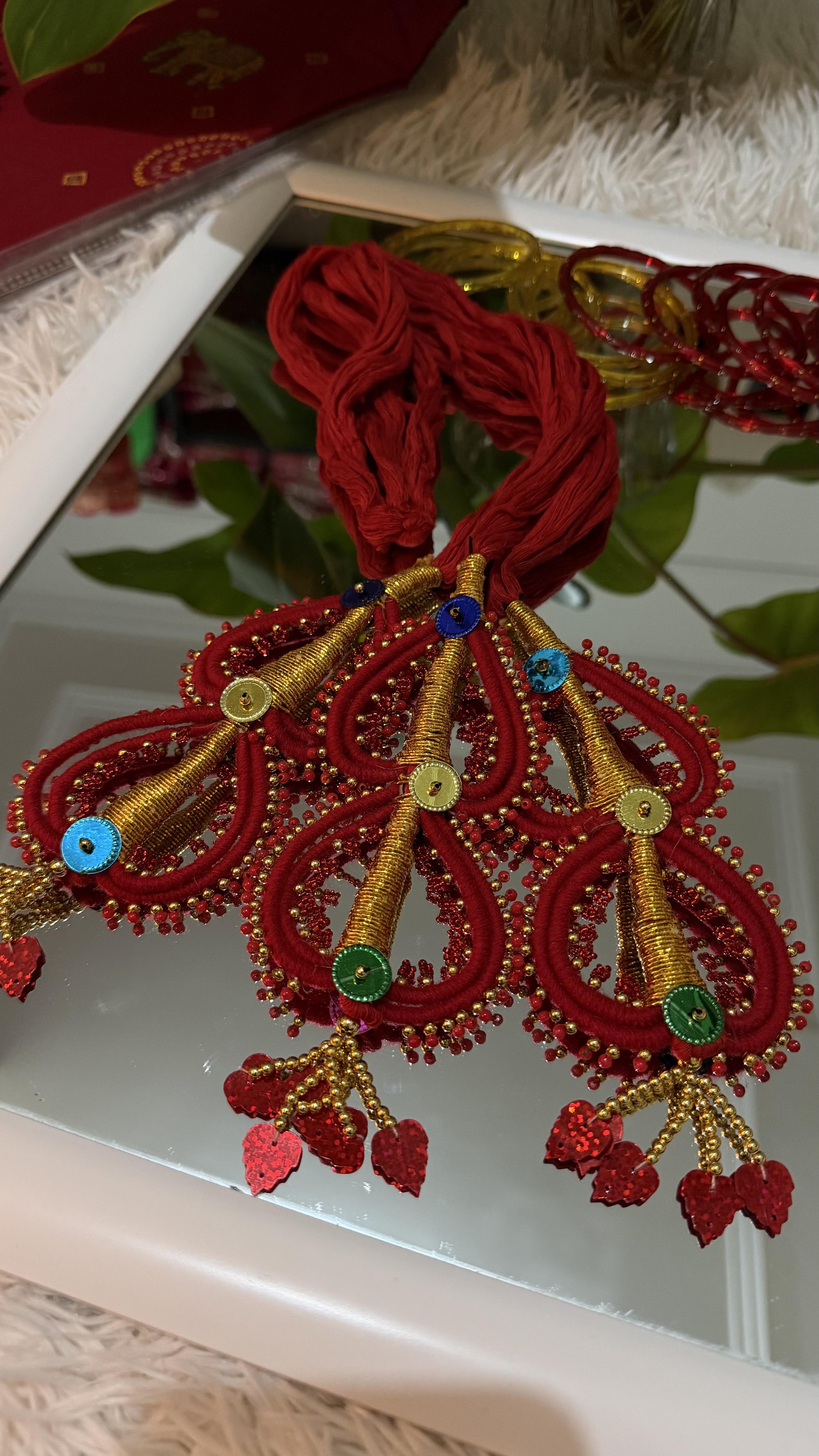 Crimson red handcrafted Lachha Dori with gold zari coiling, multicolour sequins and beaded tassels — Behuli Australia — view 3