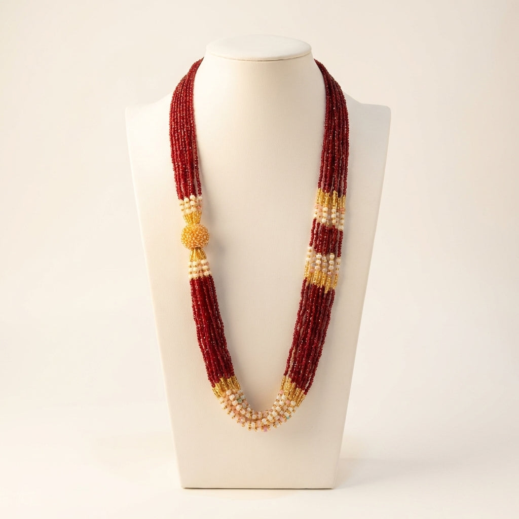 Crimson and gold multi-strand glass bead potey necklace with pearl accents and gold ball clasp — Behuli Australia