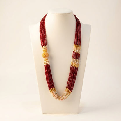Crimson and gold multi-strand glass bead potey necklace with pearl accents and gold ball clasp — Behuli Australia