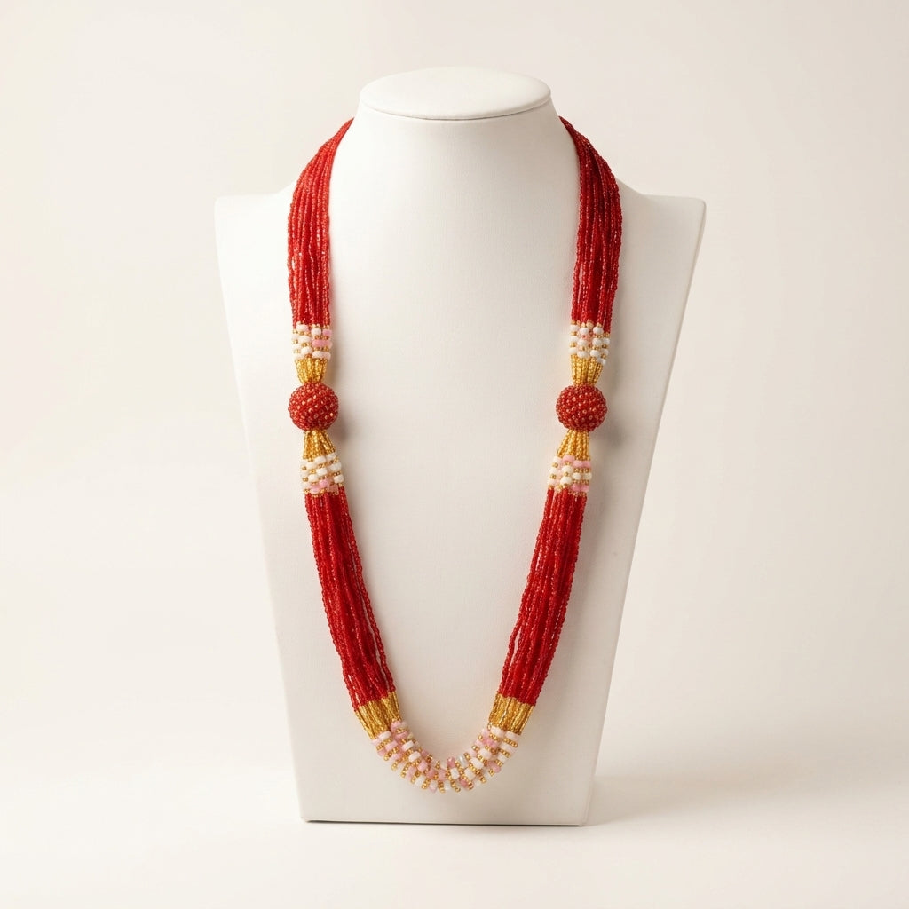Red multi-strand glass seed bead Potey necklace with gold beaded ball accents and pink white spacers — Behuli Australia