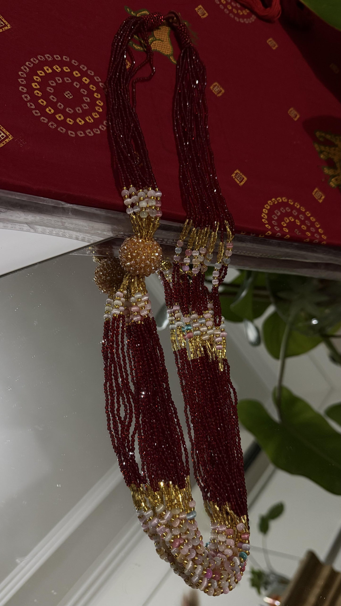 Crimson and gold multi-strand glass bead potey necklace with pearl accents and gold ball clasp — Behuli Australia — view 2
