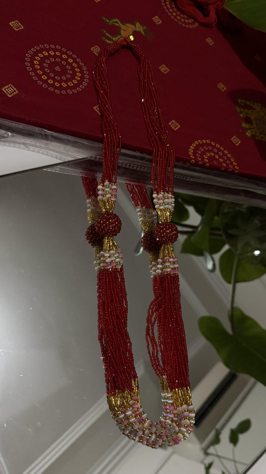 Red multi-strand glass seed bead Potey necklace with gold beaded ball accents and pink white spacers — Behuli Australia — view 2
