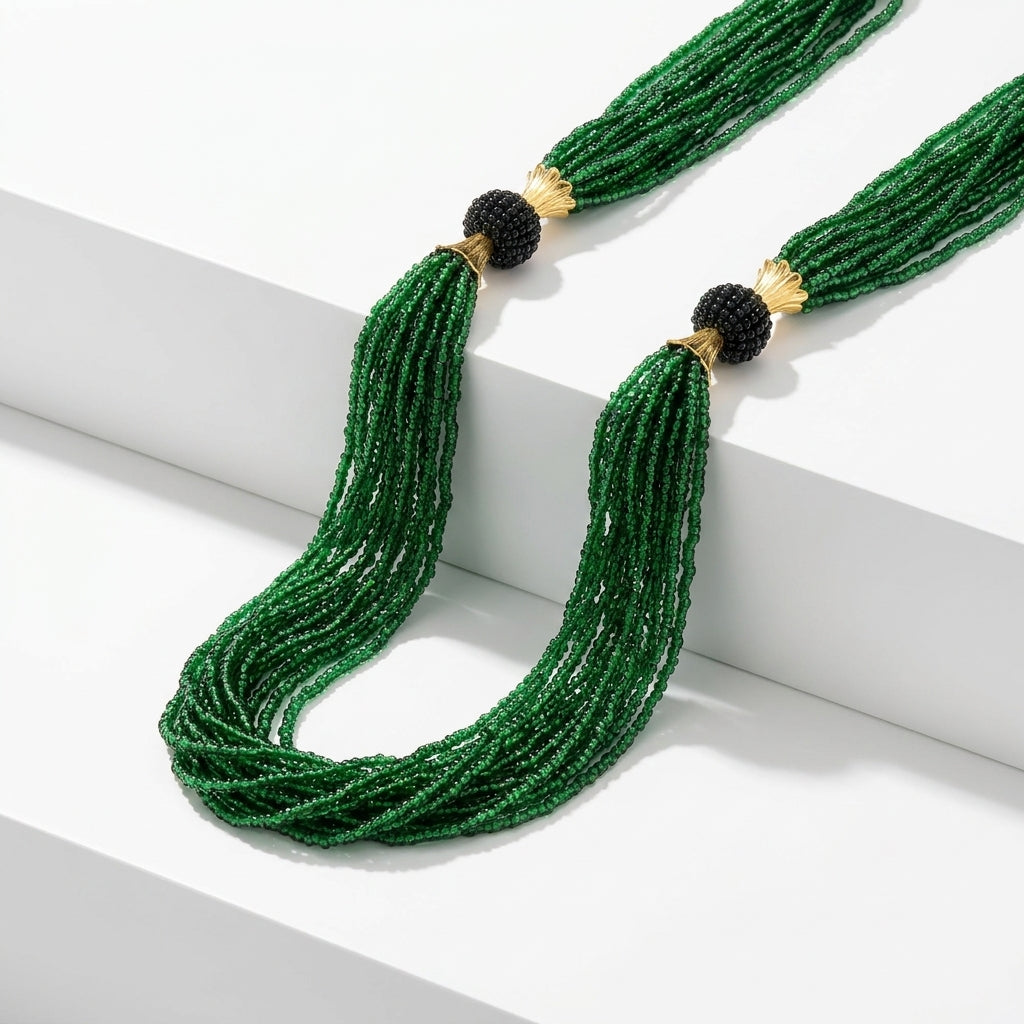 Emerald green multi-strand glass bead Potey necklace with gold filigree caps and black accent beads — Behuli Australia — view 2