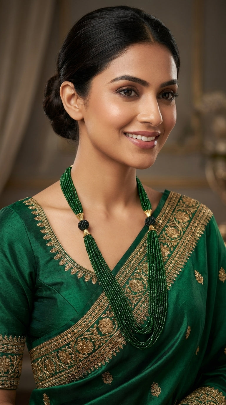 Emerald green multi-strand glass bead Potey necklace with gold filigree caps and black accent beads — Behuli Australia — view 3