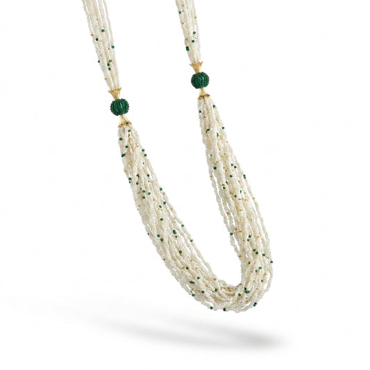 Ivory multi-strand seed bead potey necklace with emerald green beads and gold floral cap centrepiece balls — Behuli Australia