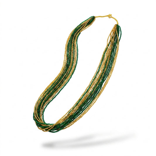 Emerald green and gold multistrand seed bead layered necklace with gold clasp — Behuli Australia