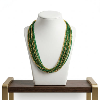 Emerald green and gold multistrand seed bead layered necklace with gold clasp — Behuli Australia — view 2