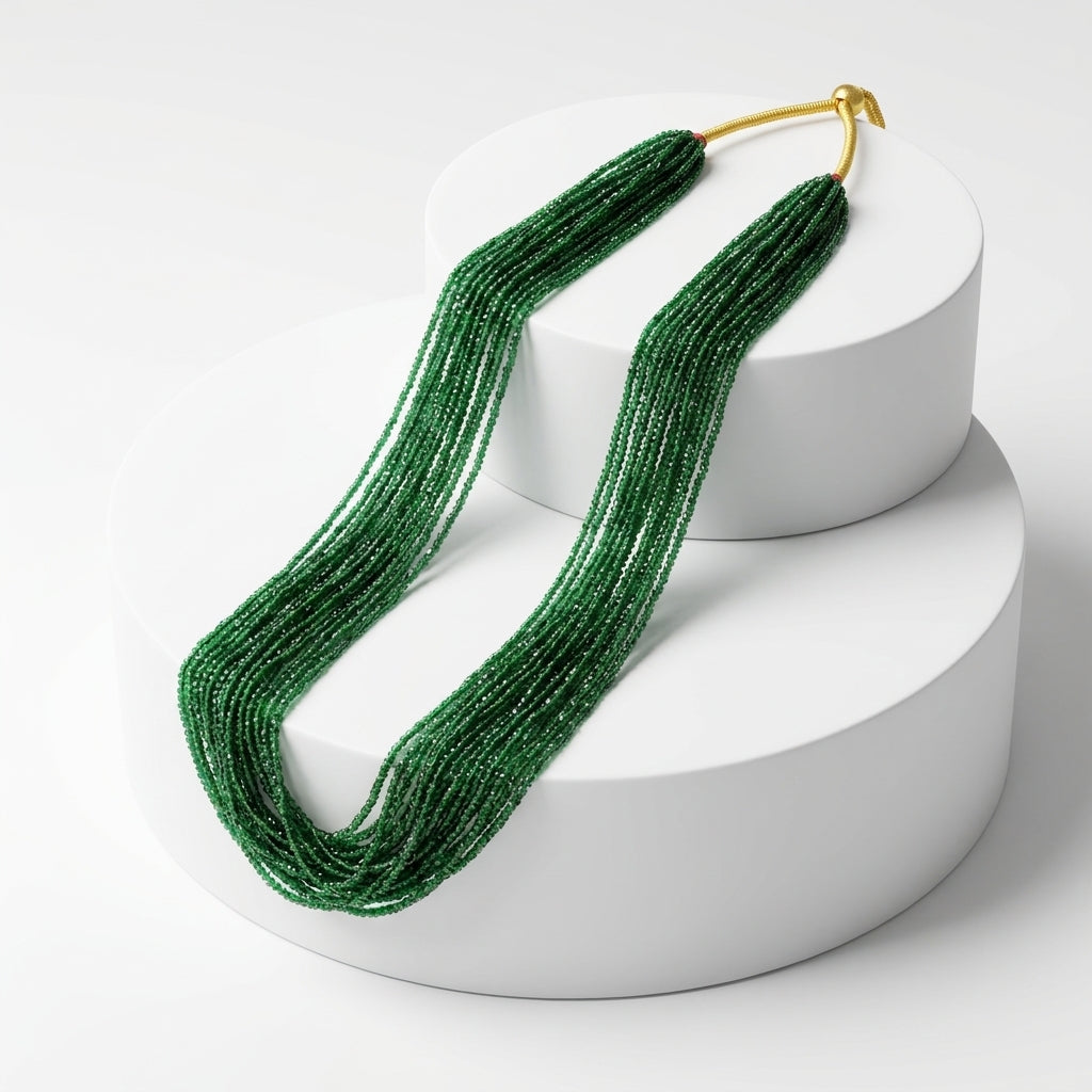 Emerald green multi-strand faceted glass bead potey necklace with gold-plated clasp and red thread accent — Behuli Australia — view 2