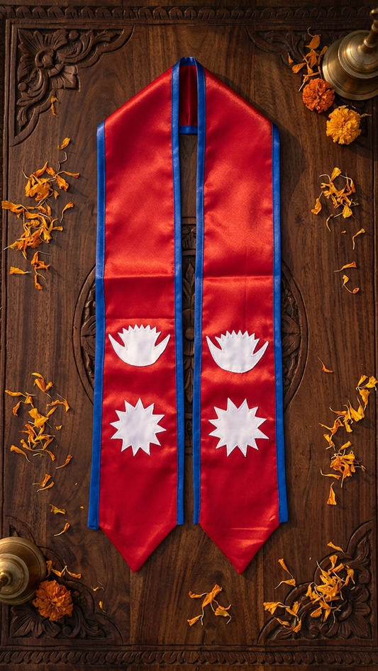Crimson and royal blue satin Nepali flag graduation sash with white moon and sun appliqué motifs laid flat on carved wooden