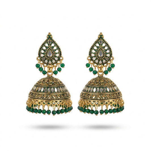 Emerald green gold-plated kundan jhumka earrings with mirror work and green bead fringe — Behuli Australia