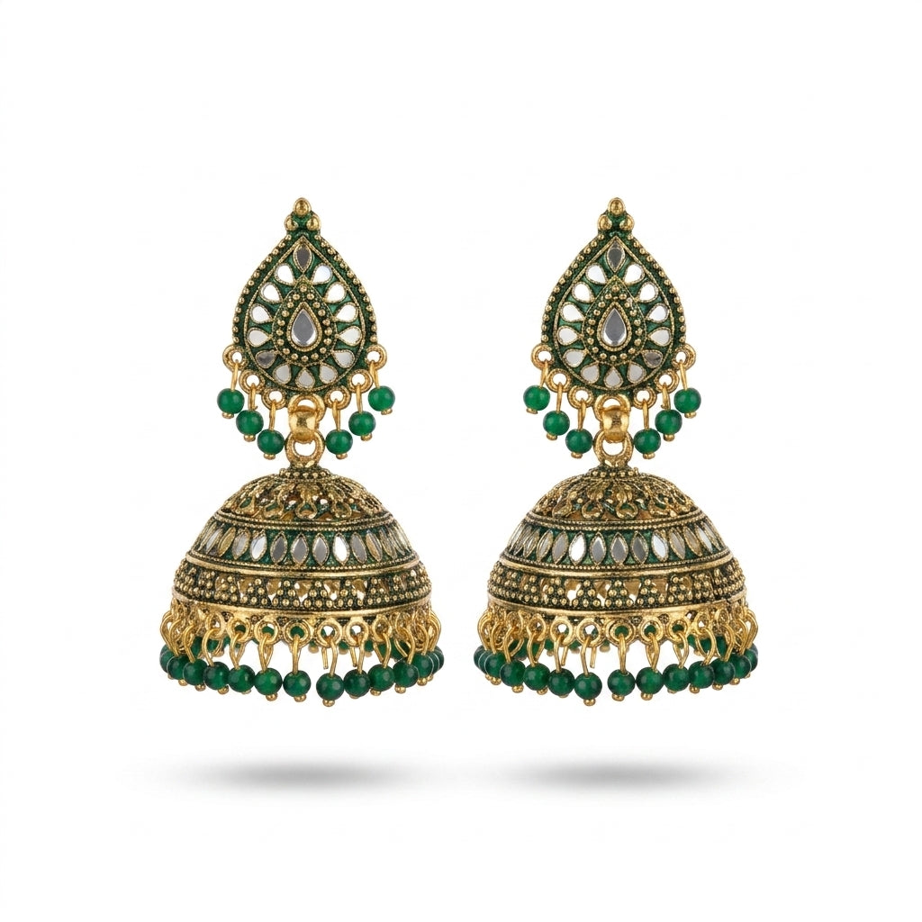 Emerald green gold-plated kundan jhumka earrings with mirror work and green bead fringe — Behuli Australia