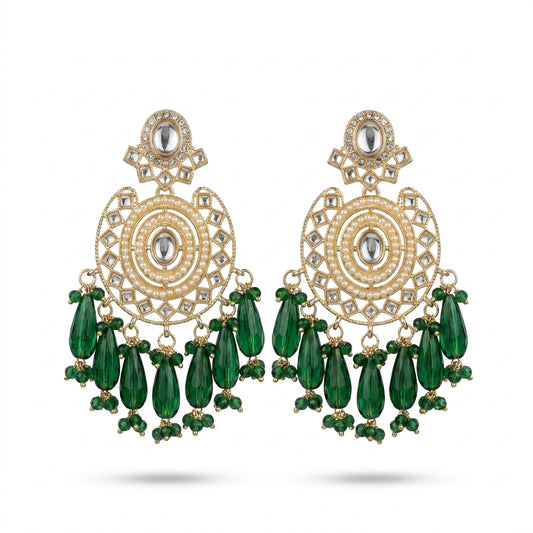 Emerald green kundan chandbali earrings with gold-plated pearl disc and faceted crystal bead drops — Behuli Australia