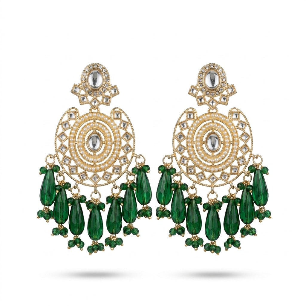 Emerald green kundan chandbali earrings with gold-plated pearl disc and faceted crystal bead drops — Behuli Australia